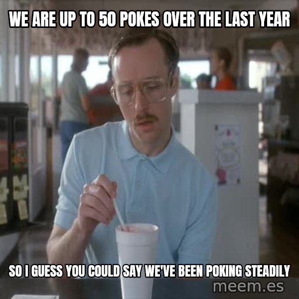 so i guess you could say things are getting pretty serious meme: we are up to 50 pokes over the last year / so i guess you could say we've been poking steadily