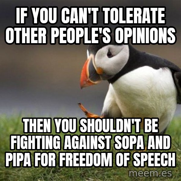 Unpopular Opinion Puffin meme: if you can't tolerate other people's opinions / then you shouldn't be fighting against sopa and pipa for freedom of speech