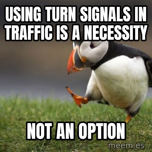 Unpopular Opinion Puffin meme: using turn signals in traffic is a necessity / not an option