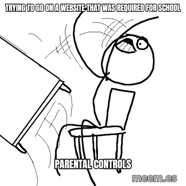 Desk Flip Rage Guy meme: trying to go on a website that was required for school / parental controls