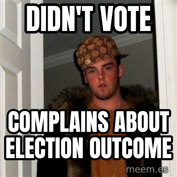 Scumbag Steve meme: Didn't vote / Complains about election outcome