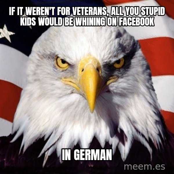 American Pride Eagle meme: if it weren't for veterans, all you stupid kids would be whining on facebook / in German