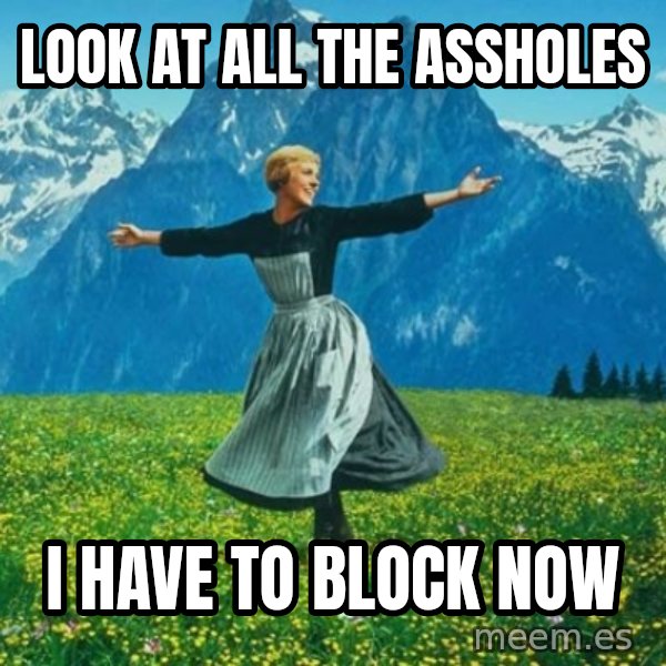 Look at All the Fucks I Give meme: look at all the assholes / i have to block now