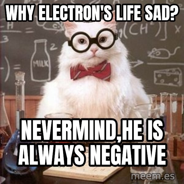 Chemistry Cat meme: Why electron's life sad? / Nevermind,he is always negative