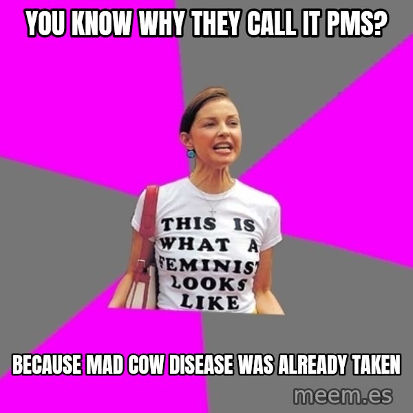 Feminist Cunt meme: You know why they call it PMS? / Because Mad Cow Disease was already taken
