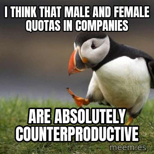 Unpopular Opinion Puffin meme: I think that male and female quotas in companies / are absolutely counterproductive