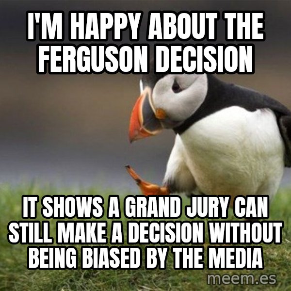 Unpopular Opinion Puffin meme: I'm happy about the Ferguson decision / it shows a grand jury can still make a decision without being biased by the media
