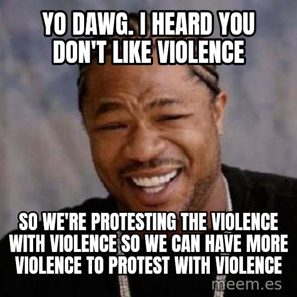 Yo Dawg meme: Yo Dawg. I heard you don't like violence / So we're protesting the violence with violence so we can have more violence to protest with violence