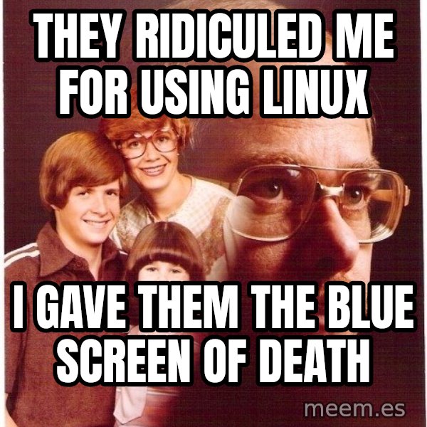 Vengeance Dad meme: they ridiculed me for using linux / I gave them the blue screen of death