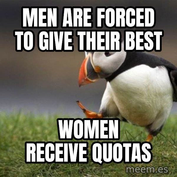 Unpopular Opinion Puffin meme: men are forced to give their best / women receive quotas