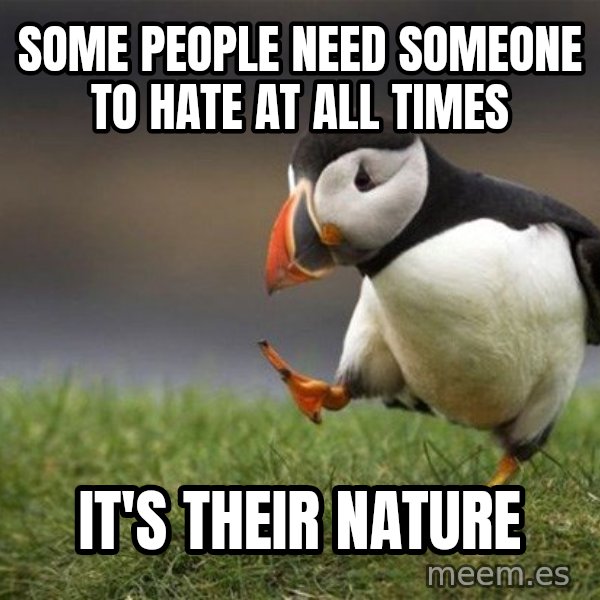 Unpopular Opinion Puffin meme: some people need someone to hate at all times / it's their nature