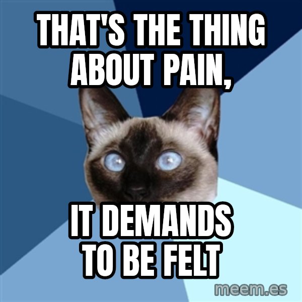 Chronic Illness Cat meme: That's the thing about pain, / it demands to be felt