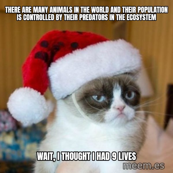 Grumpy Cat Santa Hat meme: There are many animals in the world and their population is controlled by their predators in the ecosystem / Wait, I thought i had 9 lives