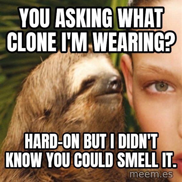 The Rape Sloth meme: you asking what clone i'm wearing? / Hard-on but i didn't know you could smell it.