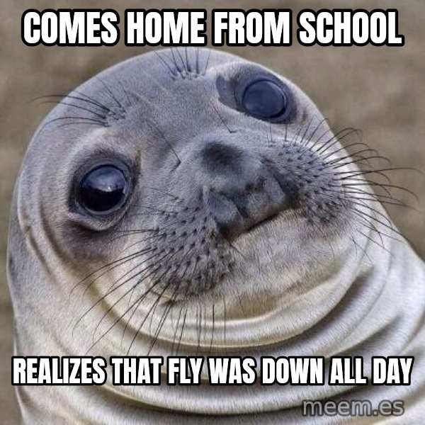 Awkward Seal meme: comes home from school / realizes that fly was down all day