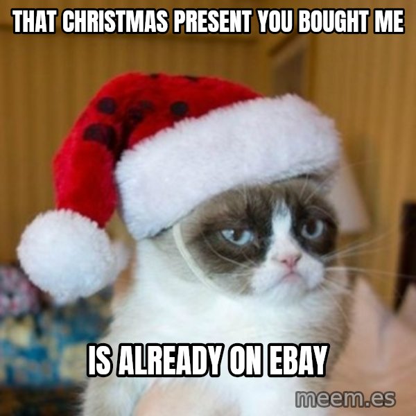 Grumpy Cat Santa Hat meme: That Christmas Present you bought me / Is already on Ebay