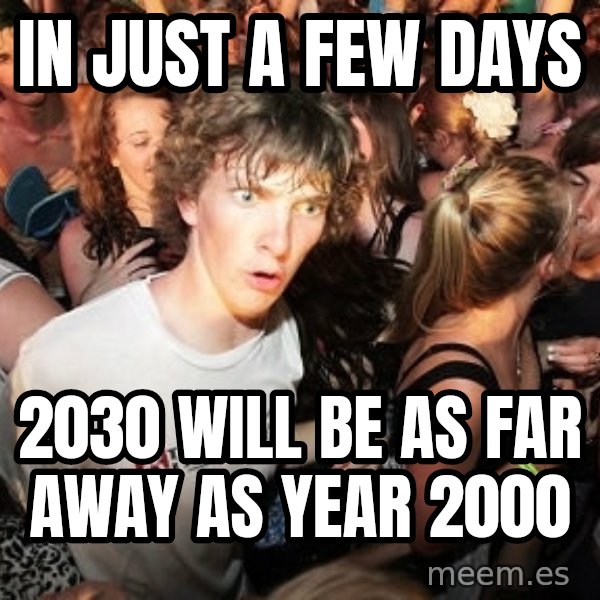 Sudden Realization Ralph meme: In just a few days / 2030 will be as far away as year 2000