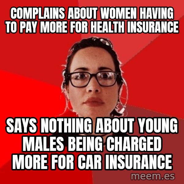 Liberal Douche Garofalo meme: Complains about women having to pay more for health insurance / Says nothing about young males being charged more for car insurance