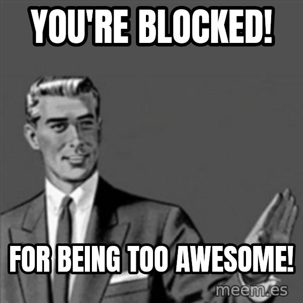 Correction Guy meme: you're blocked! / for being too awesome!