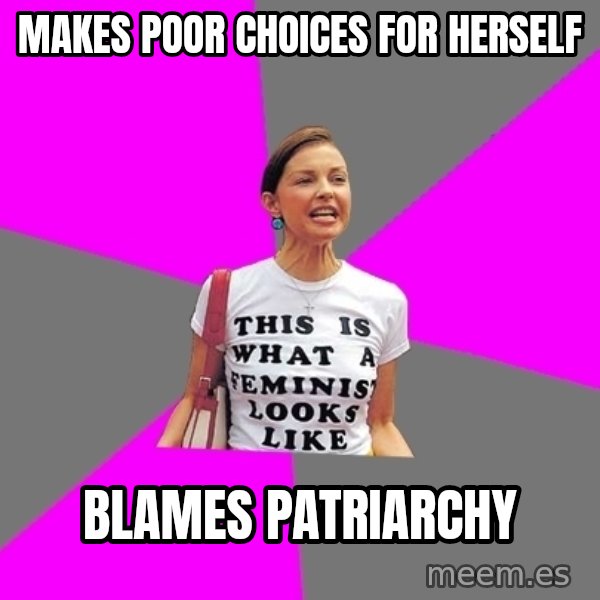 Feminist Cunt meme: makes poor choices for herself / blames patriarchy