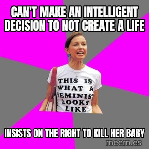 Feminist Cunt meme: can't make an intelligent decision to not create a life / insists on the right to kill her baby