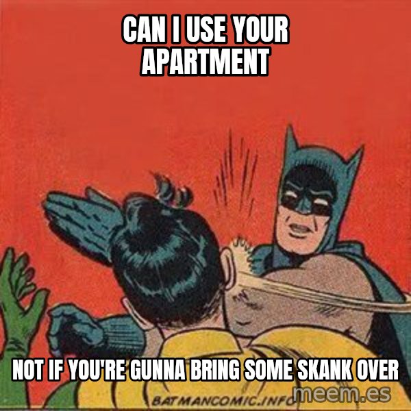 batman slap robin meme: can i use your apartment / not if you're gunna bring some skank over