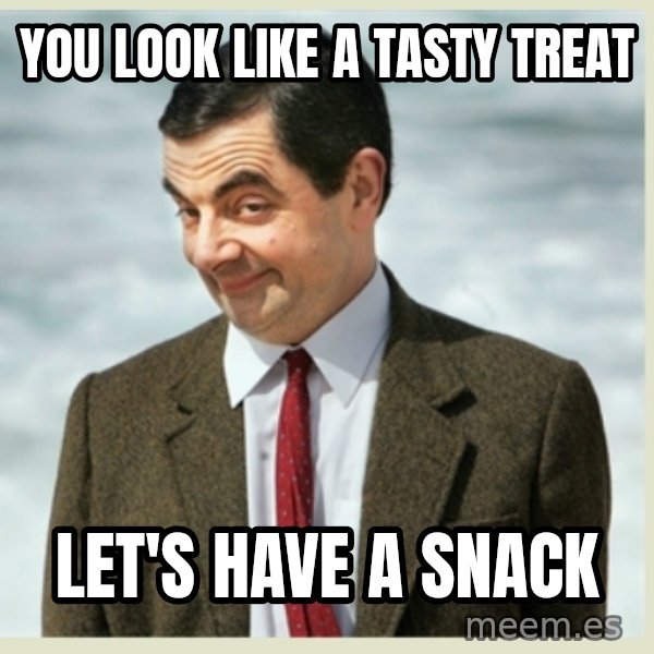MR bean meme: you look like a tasty treat / let's have a snack
