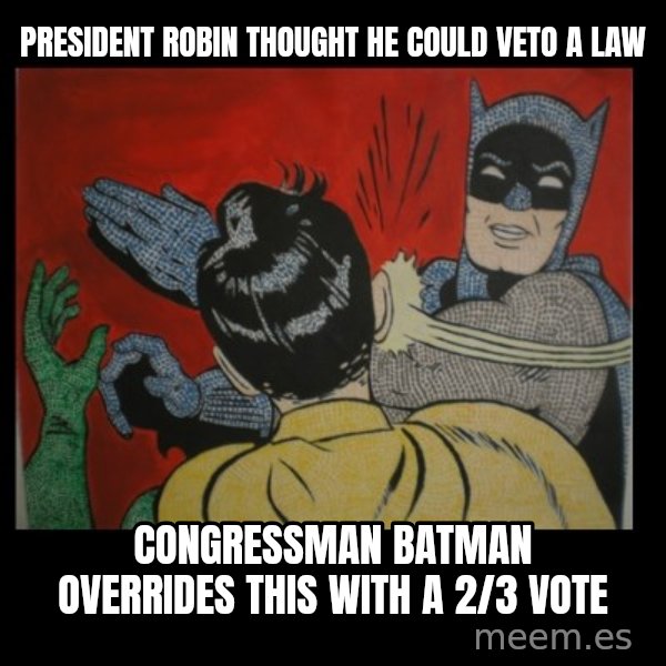 Batman Slappp meme: President Robin Thought He Could Veto A Law / Congressman Batman overrides this with a 2/3 vote