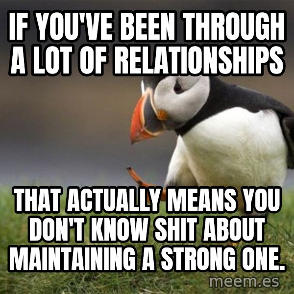 Unpopular Opinion Puffin meme: If you've been through a lot of relationships / that actually means you don't know shit about maintaining a strong one.