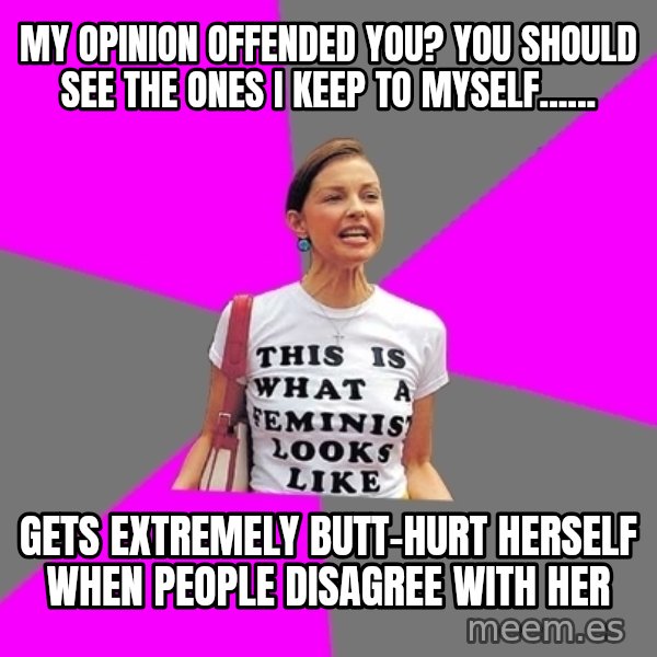 Feminist Cunt meme: My opinion offended you? You should see the ones I keep to myself...... / Gets extremely butt-hurt herself when people disagree with her