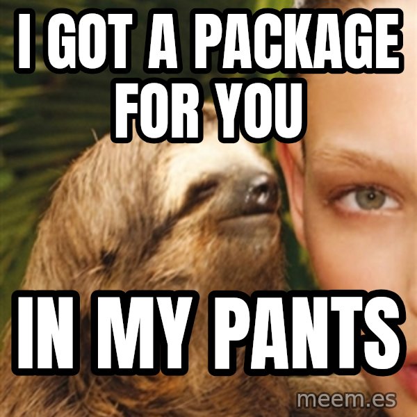 The Rape Sloth meme: I got a package for you / In my pants