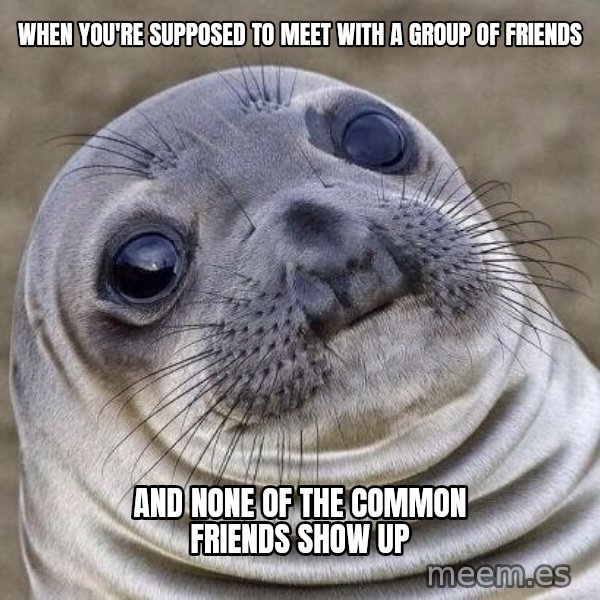 Awkward Seal meme: When you're supposed to meet with a group of friends / And none of the common friends show up