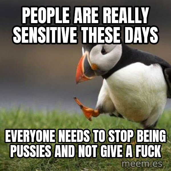 Unpopular Opinion Puffin meme: People are really sensitive these days / Everyone needs to stop being pussies and not give a fuck