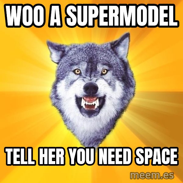 Courage Wolf meme: woo a supermodel / tell her you need space