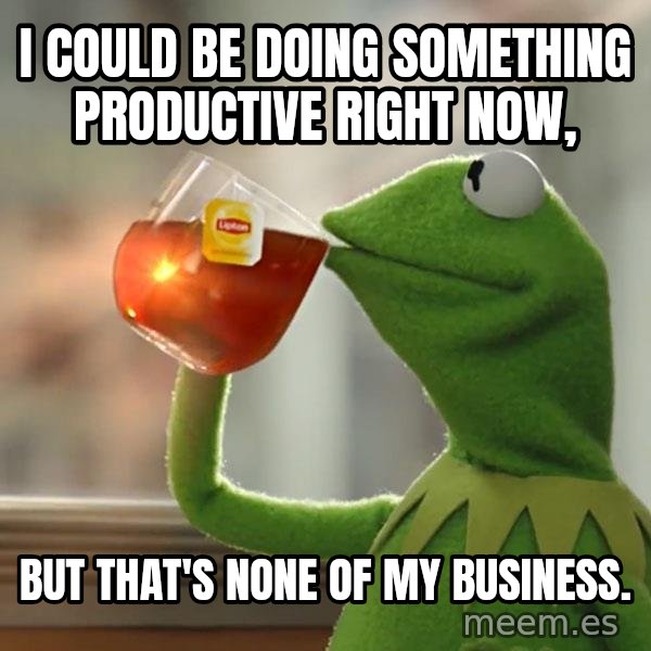 Kermit The Frog Drinking Tea meme: I could be doing something productive right now, / but that's none of my business.