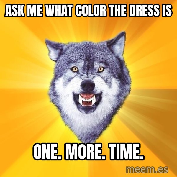 Courage Wolf meme: Ask me what color the dress is / ONE.     MORE.    TIME.