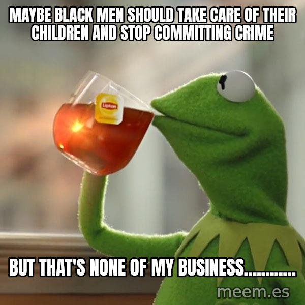 Kermit The Frog Drinking Tea meme: Maybe black men should take care of their children and stop committing crime / But that's none of my business............
