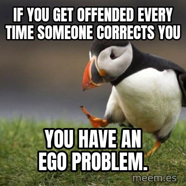 Unpopular Opinion Puffin meme: If you get offended every time someone corrects you / you have an ego problem.