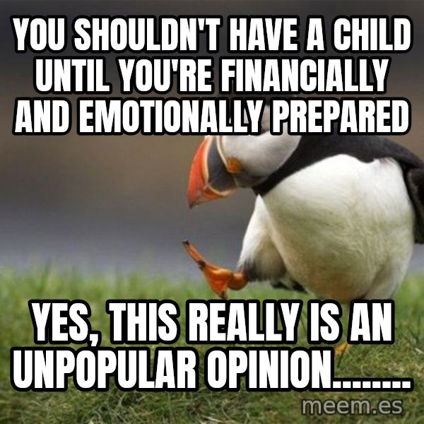 Unpopular Opinion Puffin meme: You shouldn't have a child until you're financially and emotionally prepared / Yes, this really is an unpopular opinion........