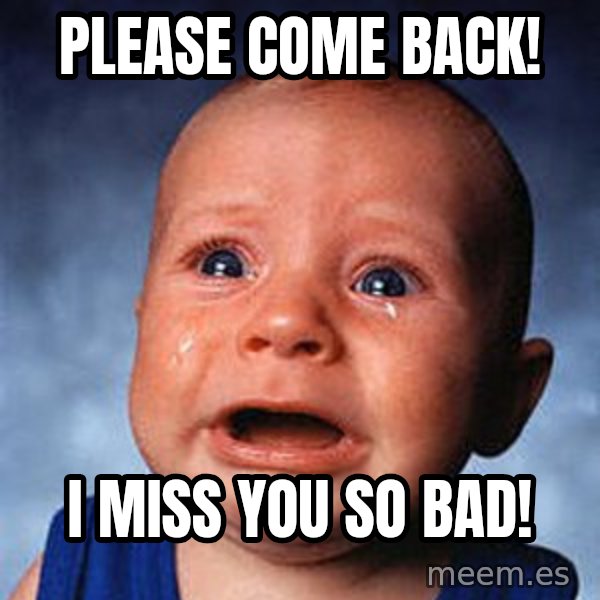 Crying Baby meme: Please come back! / I miss you so bad!