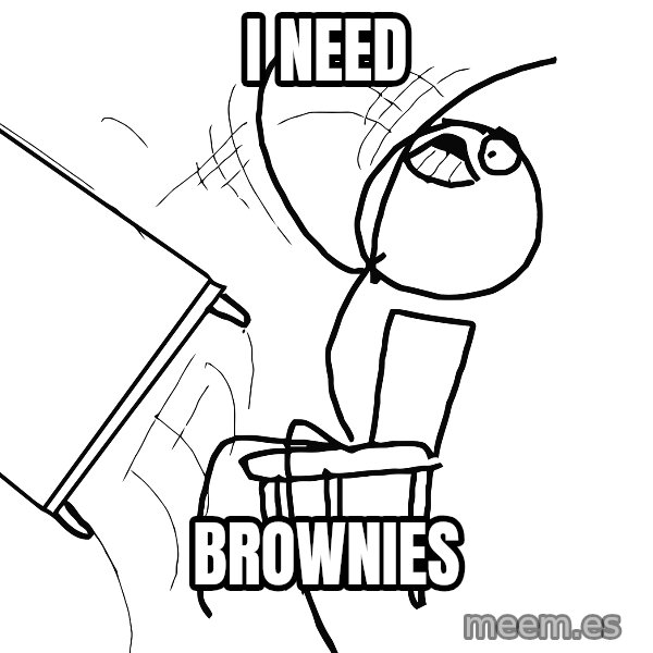 Desk Flip Rage Guy meme: I NEED / BROWNIES