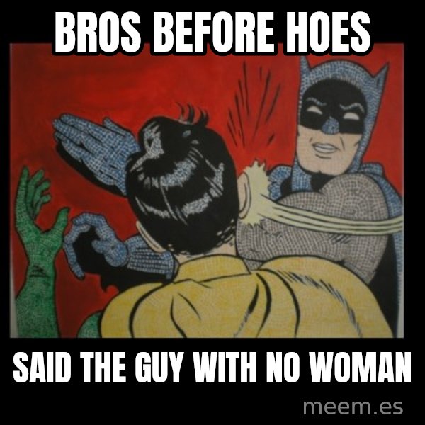 Batman Slappp meme: bros before hoes / said the guy with no woman
