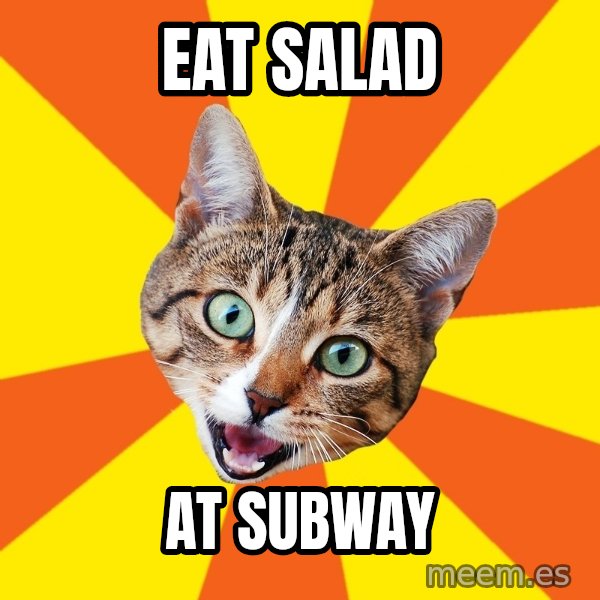 Bad Advice Cat meme: Eat salad / at SUBWAY