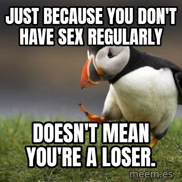Unpopular Opinion Puffin meme: just because you don't have sex regularly / doesn't mean you're a loser.