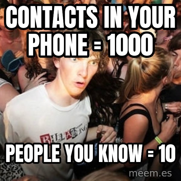 Sudden Realization Ralph meme: contacts in your phone = 1000 / people you know = 10