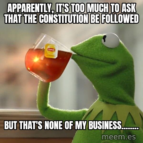 Kermit The Frog Drinking Tea meme: Apparently, it's too much to ask that the constitution be followed / but that's none of my business........