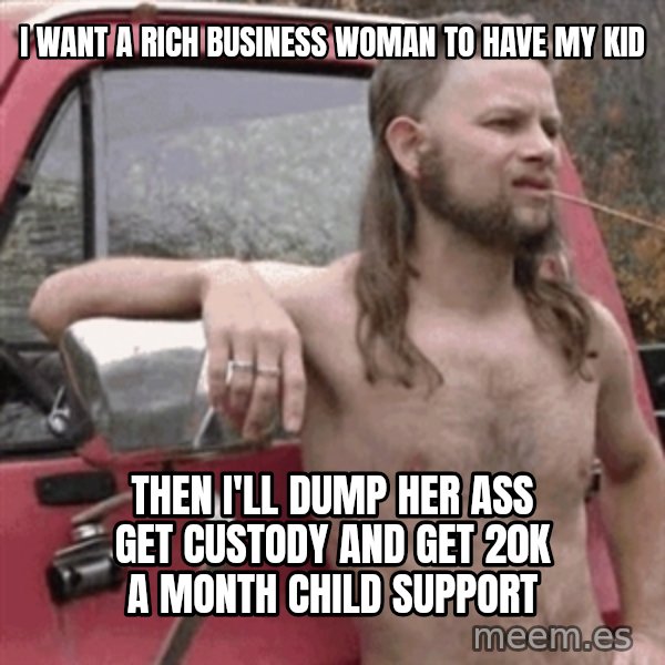 Almost Politically Correct Redneck meme: i want a rich business woman to have my kid / then i'll dump her ass get custody and get 20k a month child support
