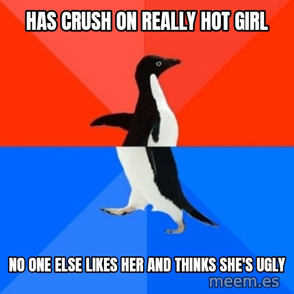 Socially Awesome Awkward Penguin meme: has crush on really hot girl / no one else likes her and thinks she's ugly