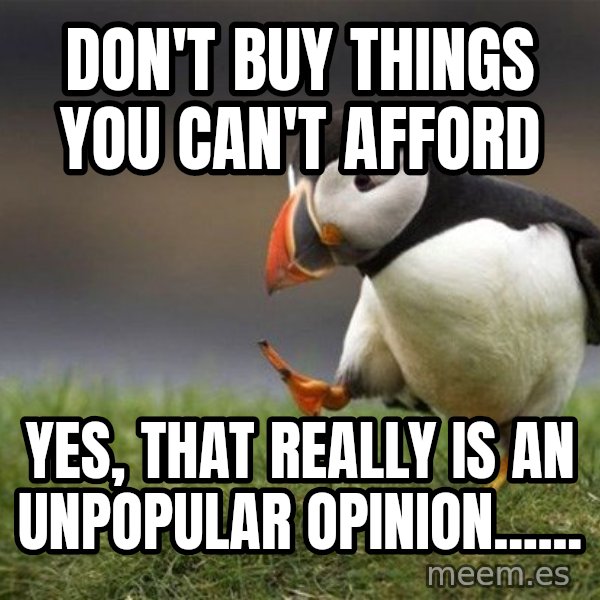 Unpopular Opinion Puffin meme: Don't buy things you can't afford / Yes, that really is an unpopular opinion......
