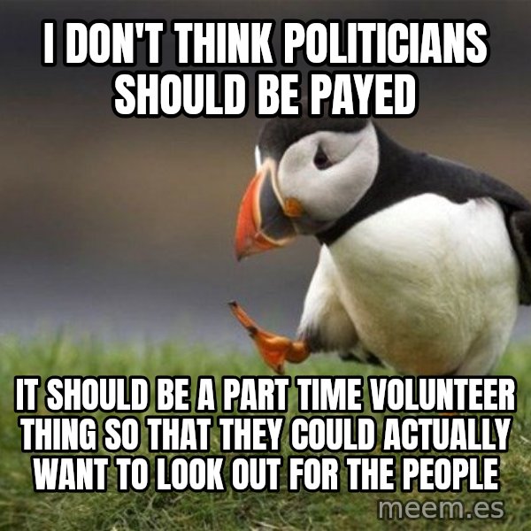 Unpopular Opinion Puffin meme: I don't think politicians should be payed / It should be a part time volunteer thing so that they could actually want to look out for the people